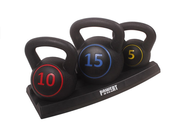 POWERT 3-Piece Kettlebell Weight Set of 5, 10, 15 lbs with Base Rack| HDPE Covered Ergonomic Wide Handle Design