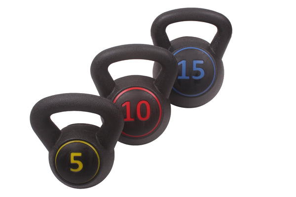 POWERT 3-Piece Kettlebell Weight Set of 5, 10, 15 lbs with Base Rack| HDPE Covered Ergonomic Wide Handle Design